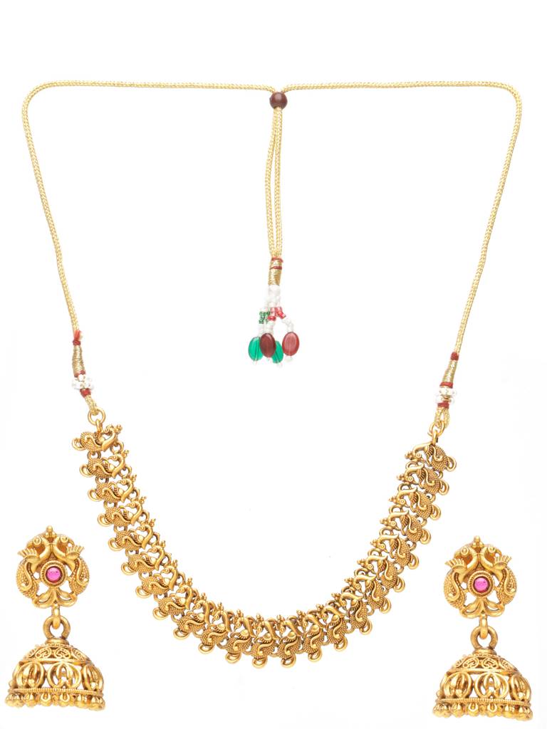 Gold-Plated Peacock Motif Temple Jewellery Set : SJNK2040