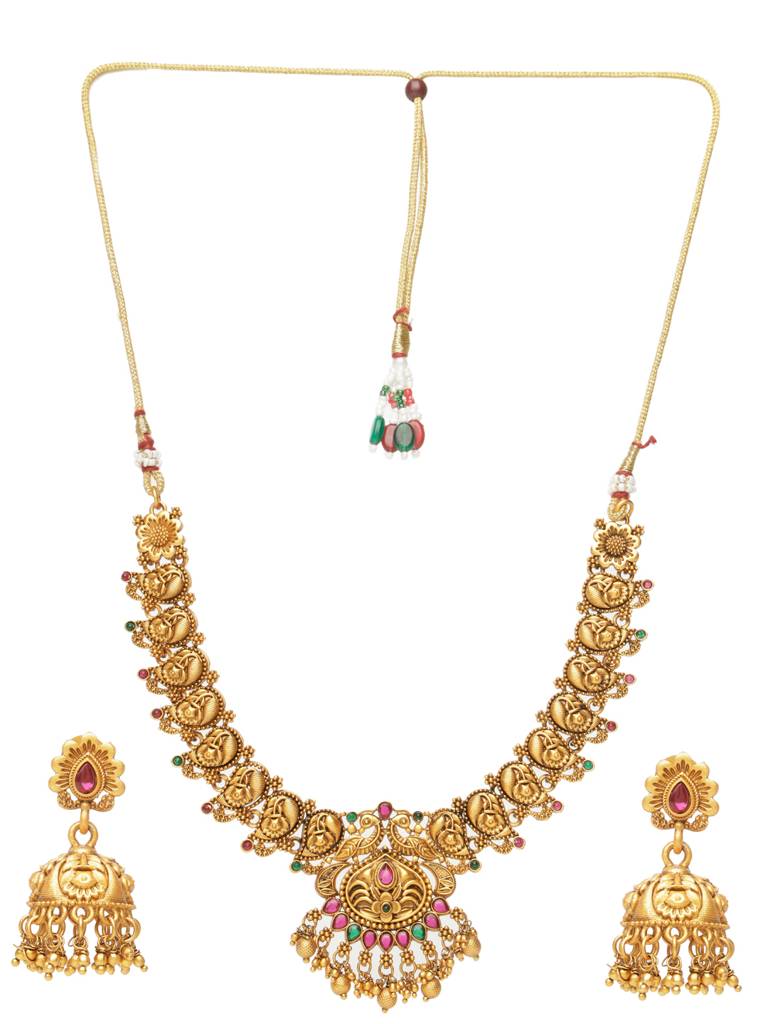 Gold-Plated Red Kemp Studded Flower Temple  Jewellery Set : SJNK2041