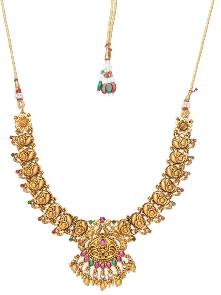 Gold-Plated Red Kemp Studded Flower Temple  Jewellery Set : SJNK2041