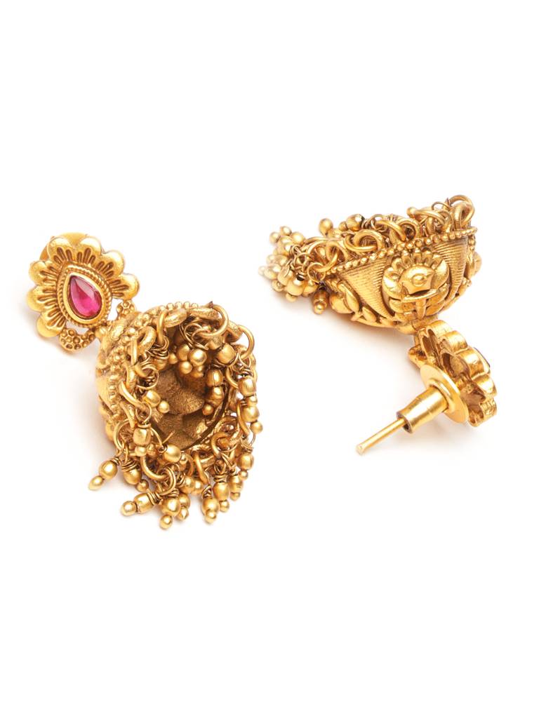 Gold-Plated Red Kemp Studded Flower Temple  Jewellery Set : SJNK2041
