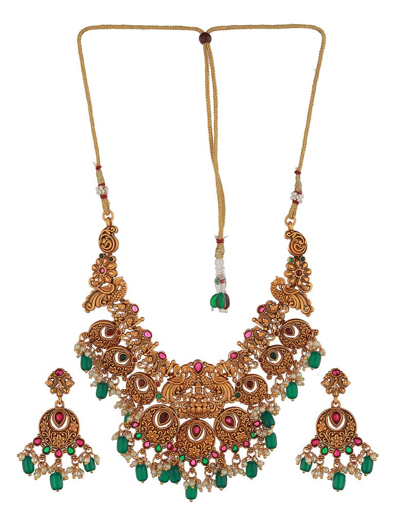Gold Plated Red & Green  Studded Lakshmiji Temple Pendant Jewellery Set : SJNK2042
