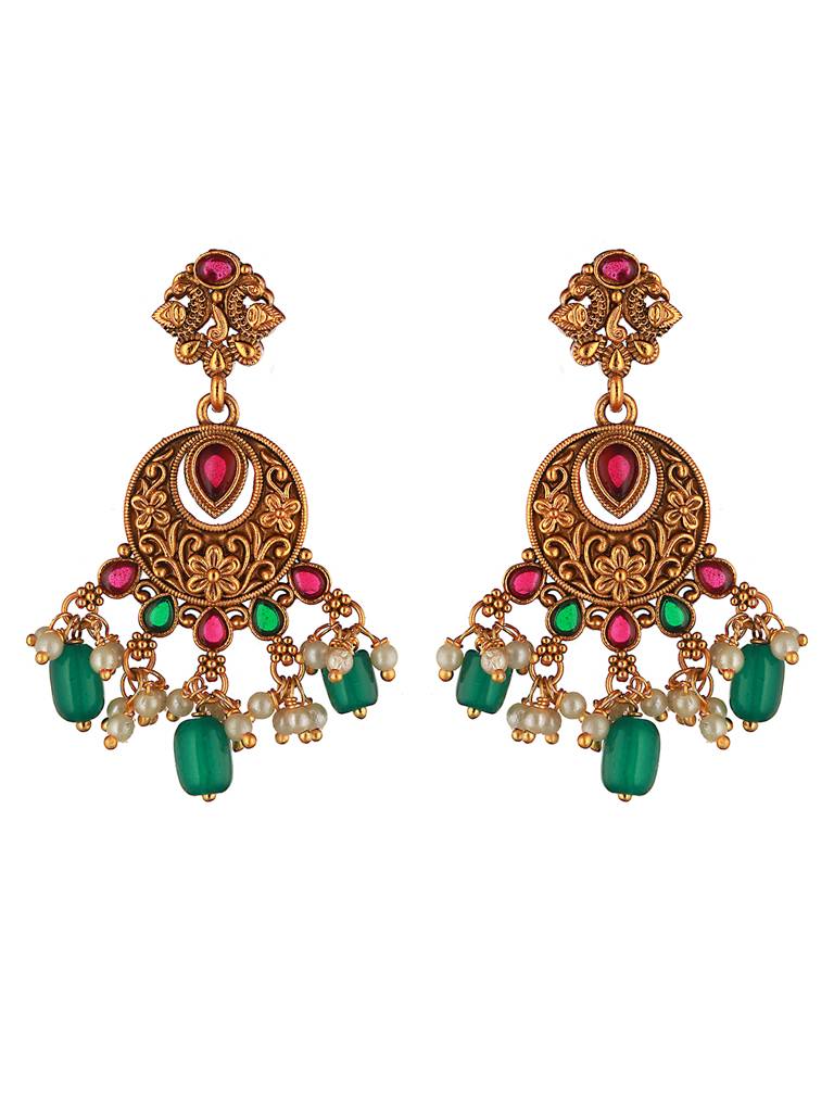 Gold Plated Red & Green  Studded Lakshmiji Temple Pendant Jewellery Set : SJNK2042