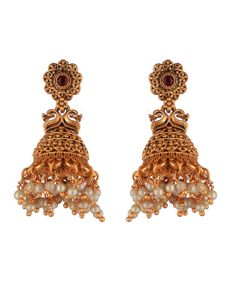 Gold Plated Peacock Figure Temple Jhumka Earrings : SJER2044