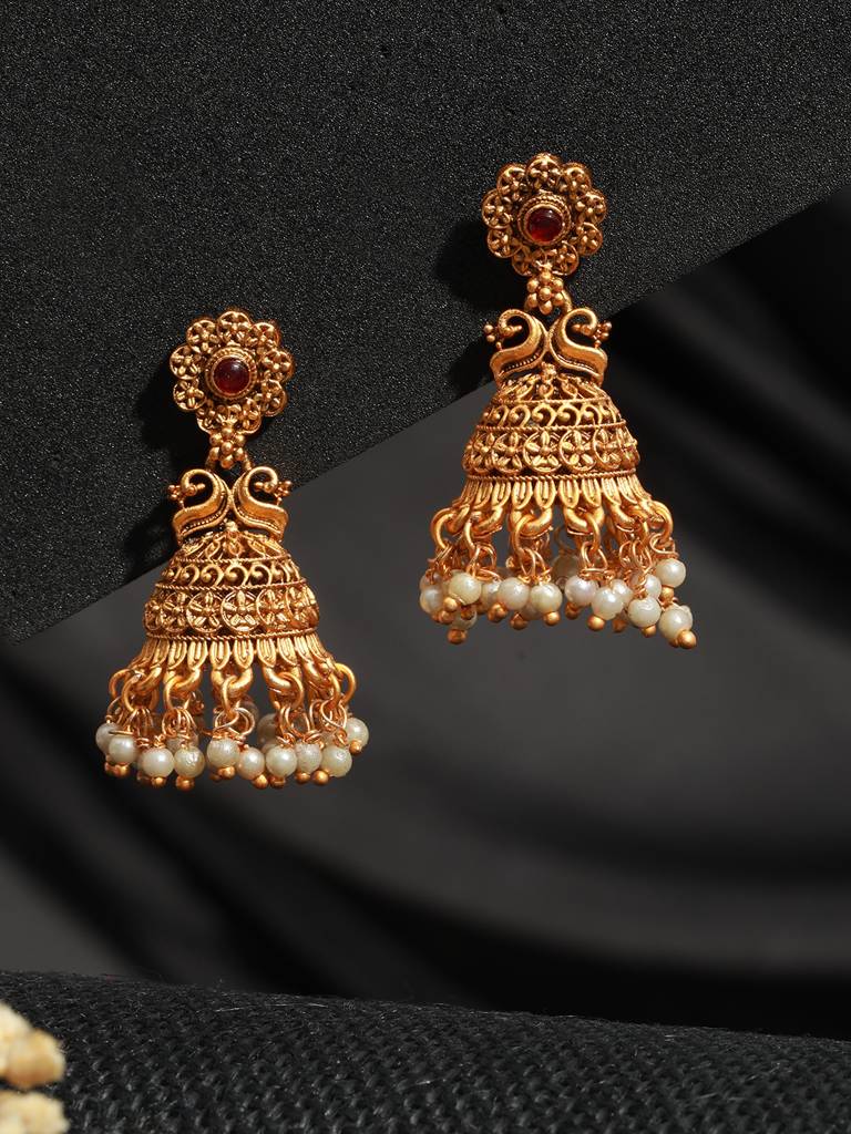 Gold Plated Peacock Figure Temple Jhumka Earrings : SJER2044