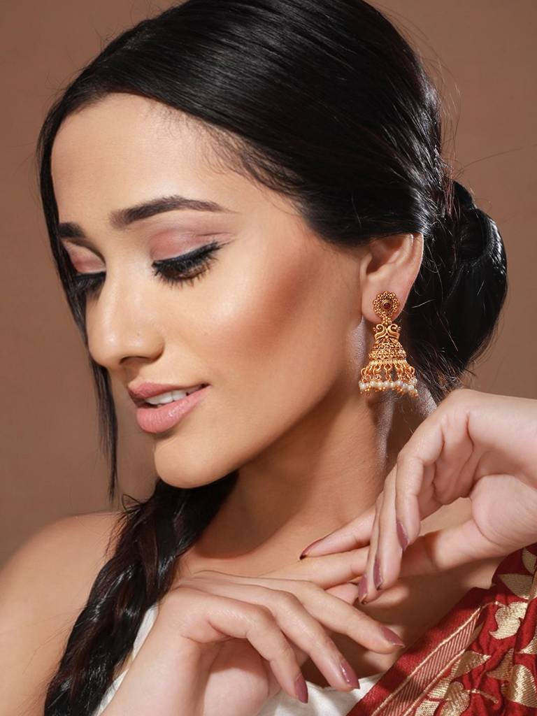Gold Plated Peacock Figure Temple Jhumka Earrings : SJER2044