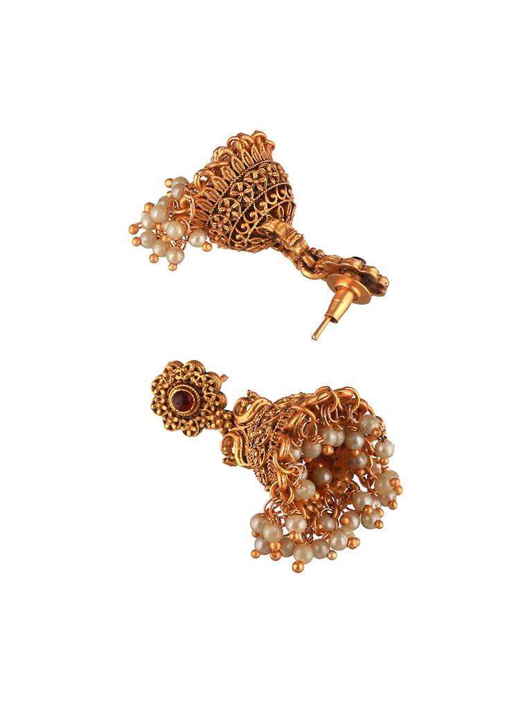 Gold Plated Peacock Figure Temple Jhumka Earrings : SJER2044
