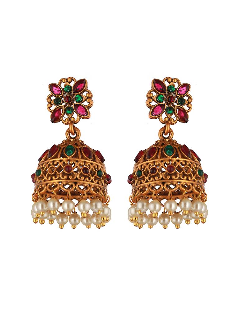 Gold Toned Red & Green Stone Studded Flower Jhumka Earrings : SJER2045