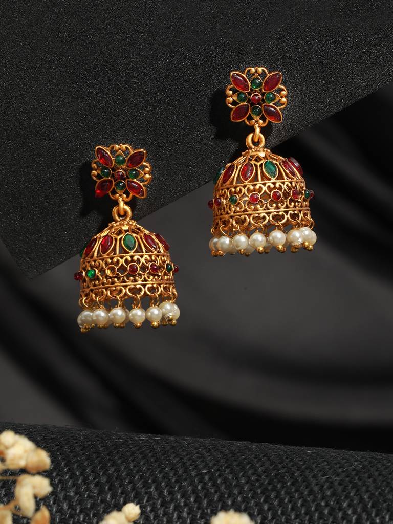Gold Toned Red & Green Stone Studded Flower Jhumka Earrings : SJER2045