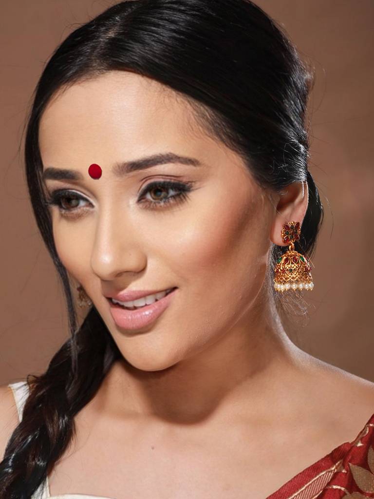 Gold Toned Red & Green Stone Studded Flower Jhumka Earrings : SJER2045
