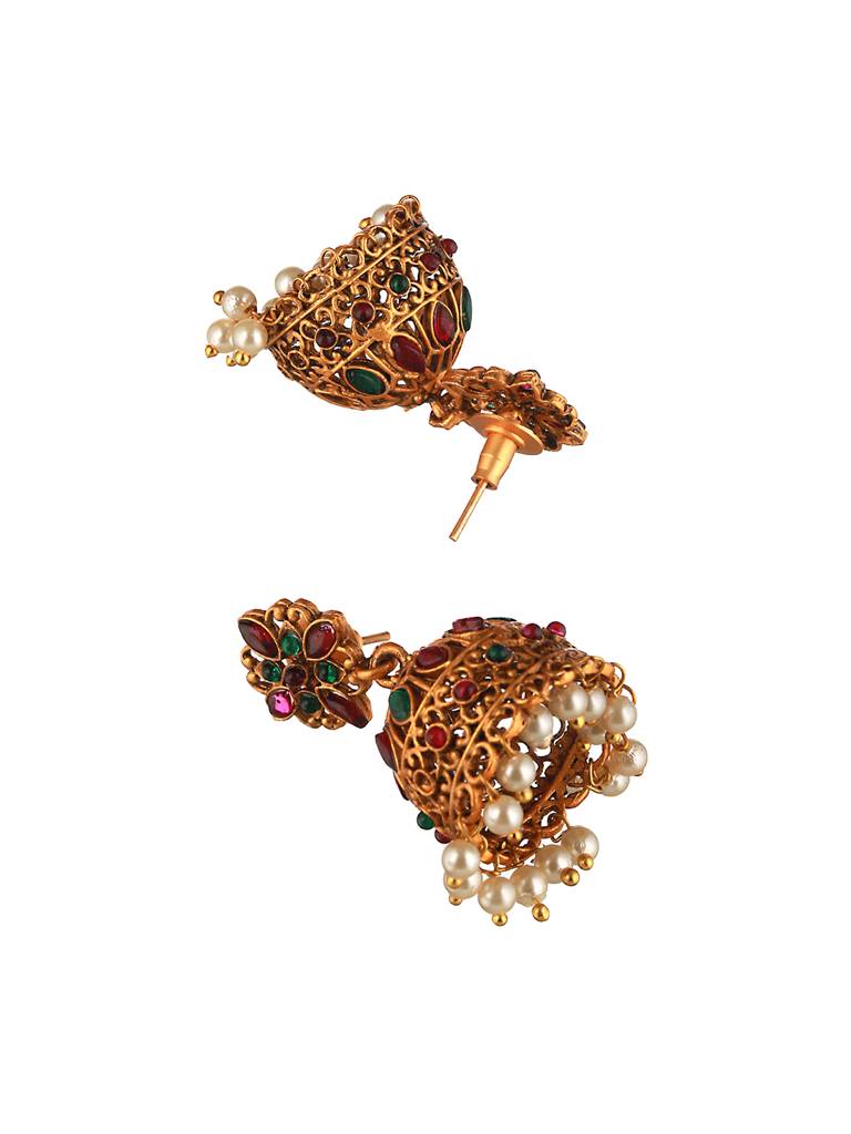 Gold Toned Red & Green Stone Studded Flower Jhumka Earrings : SJER2045