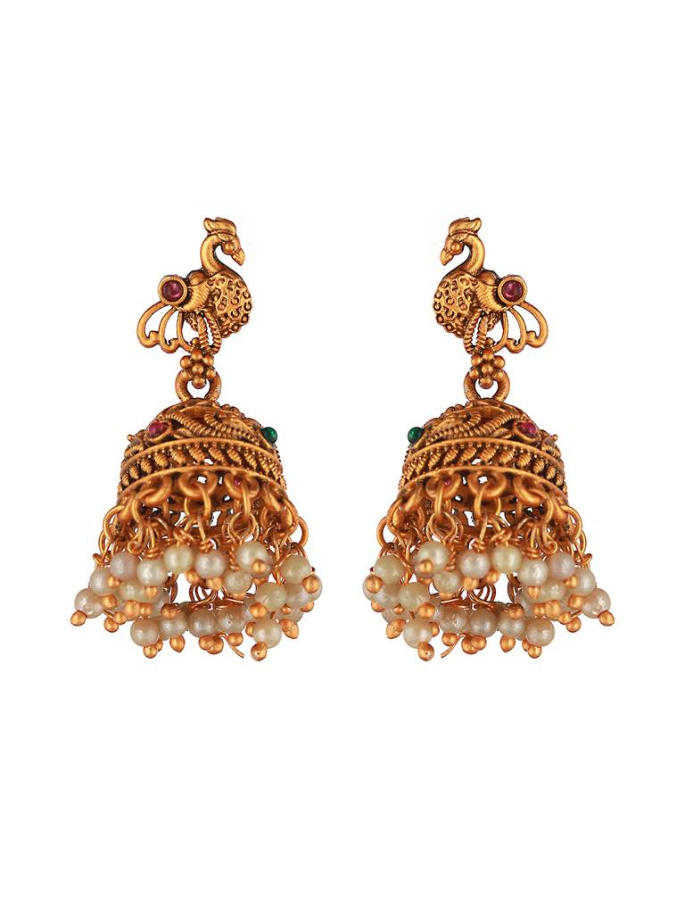 Gold Toned Red Peacock Designer Jhumka Earrings : SJER2046