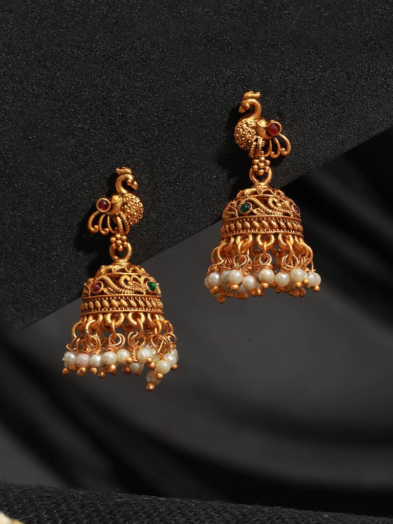 Gold Toned Red Peacock Designer Jhumka Earrings : SJER2046