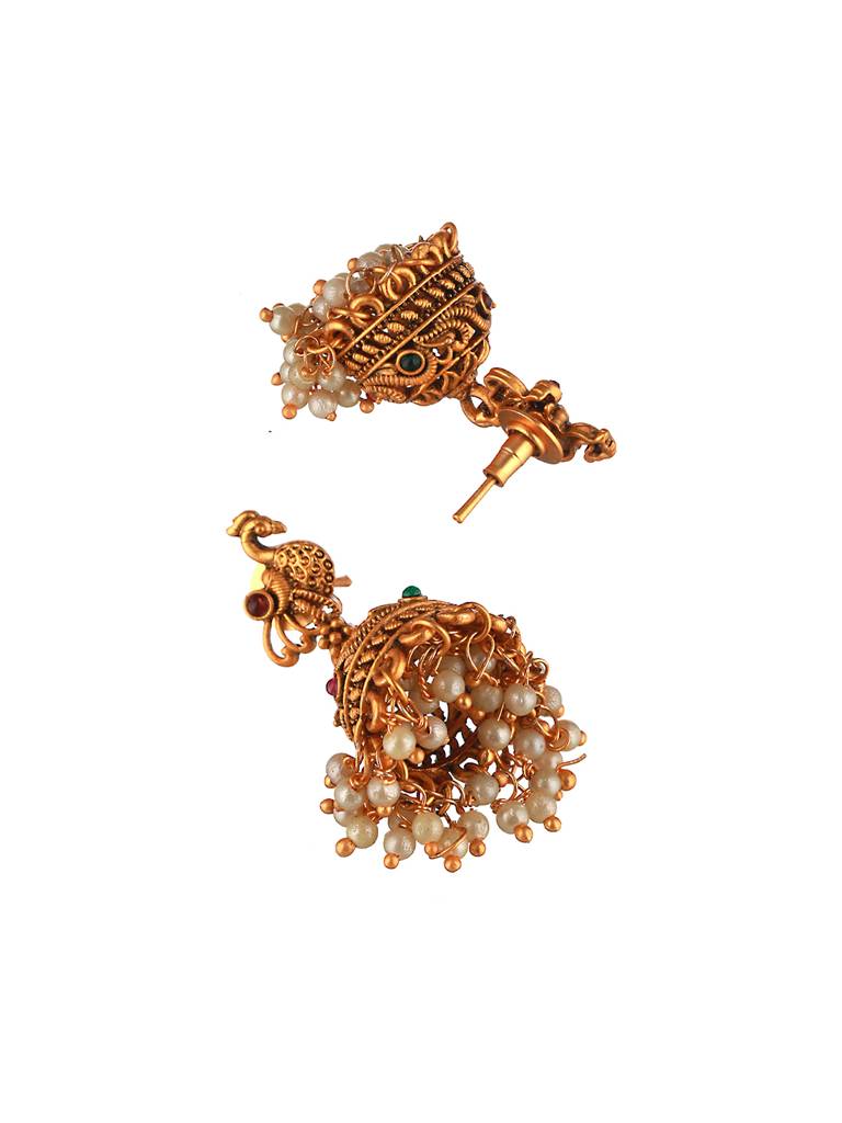 Gold Toned Red Peacock Designer Jhumka Earrings : SJER2046