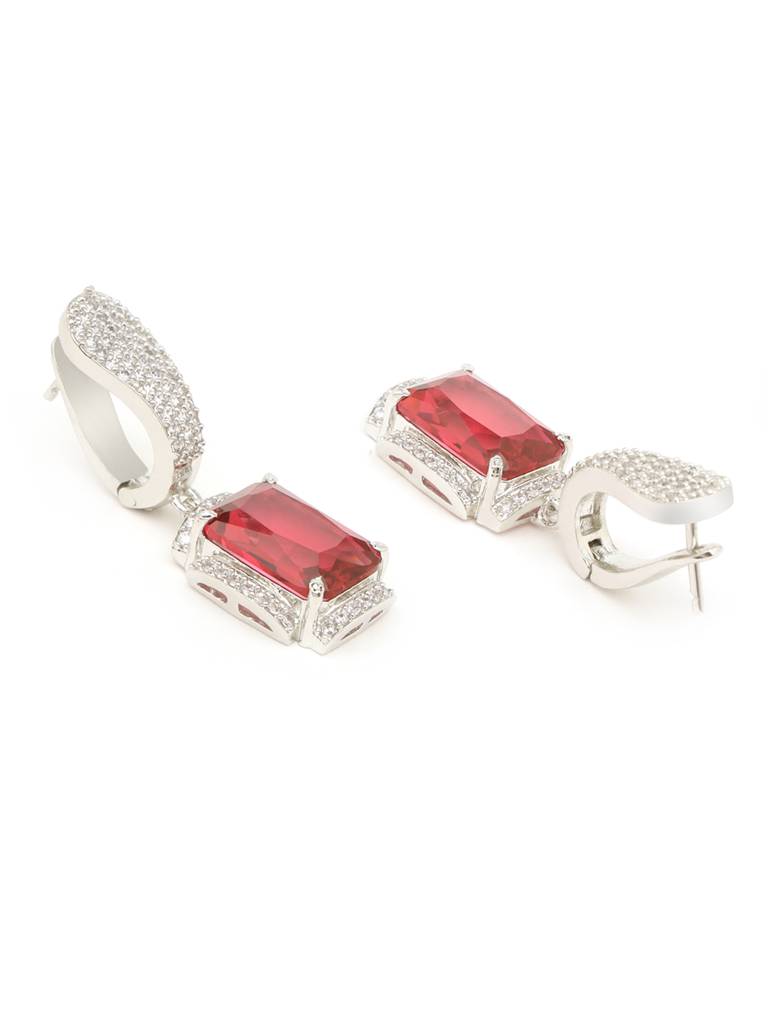 Silver-Plated Red Ad Studded Statement Hoop Earrings : SJER2049