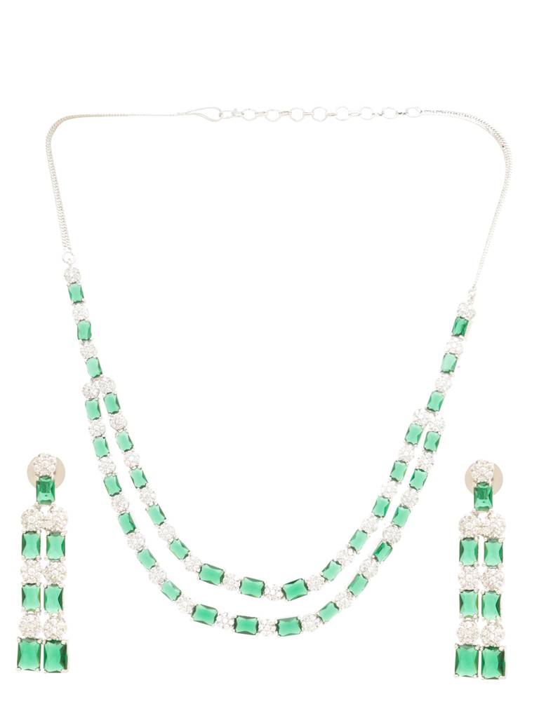 White Silver Plated Green Ad Double Layer  Statement  Jewellery Set : SJNK2051