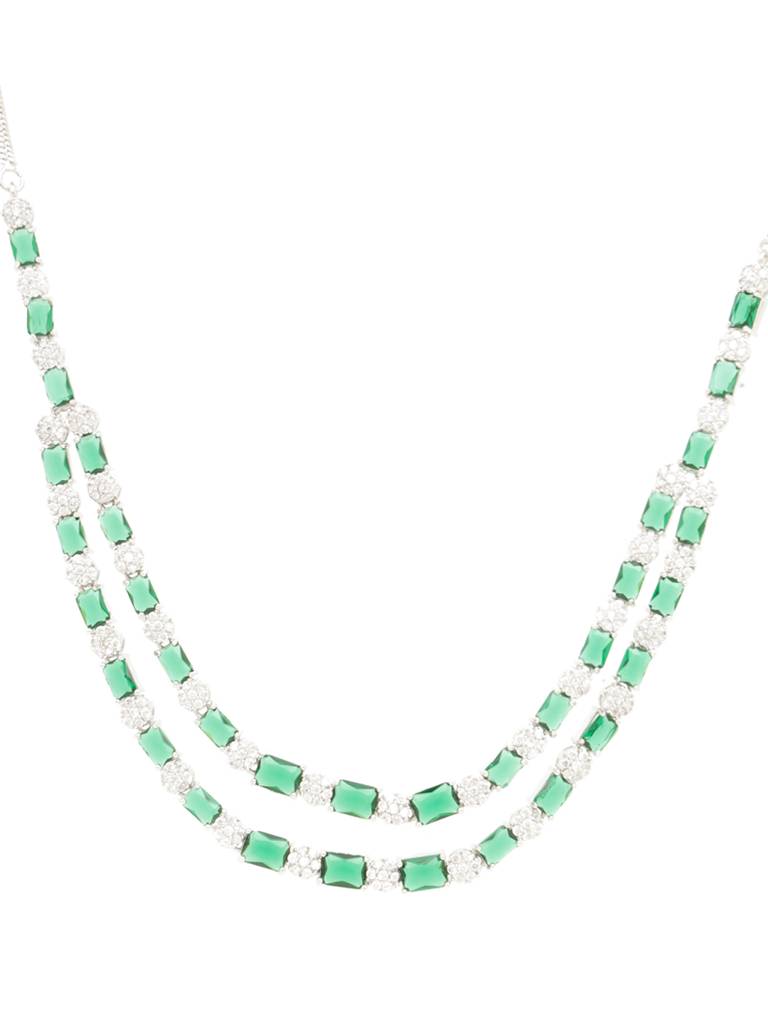 White Silver Plated Green Ad Double Layer  Statement  Jewellery Set : SJNK2051
