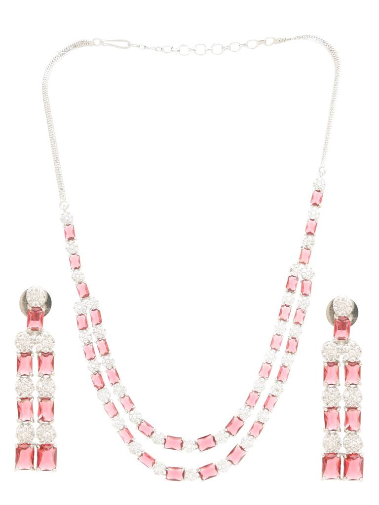 White Rhodium Plated Red Ad Studded Double Layered  Designer  Jewellery Set : SJNK2052