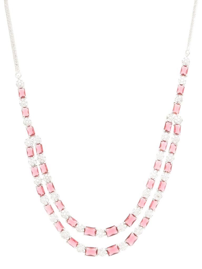 White Rhodium Plated Red Ad Studded Double Layered  Designer  Jewellery Set : SJNK2052