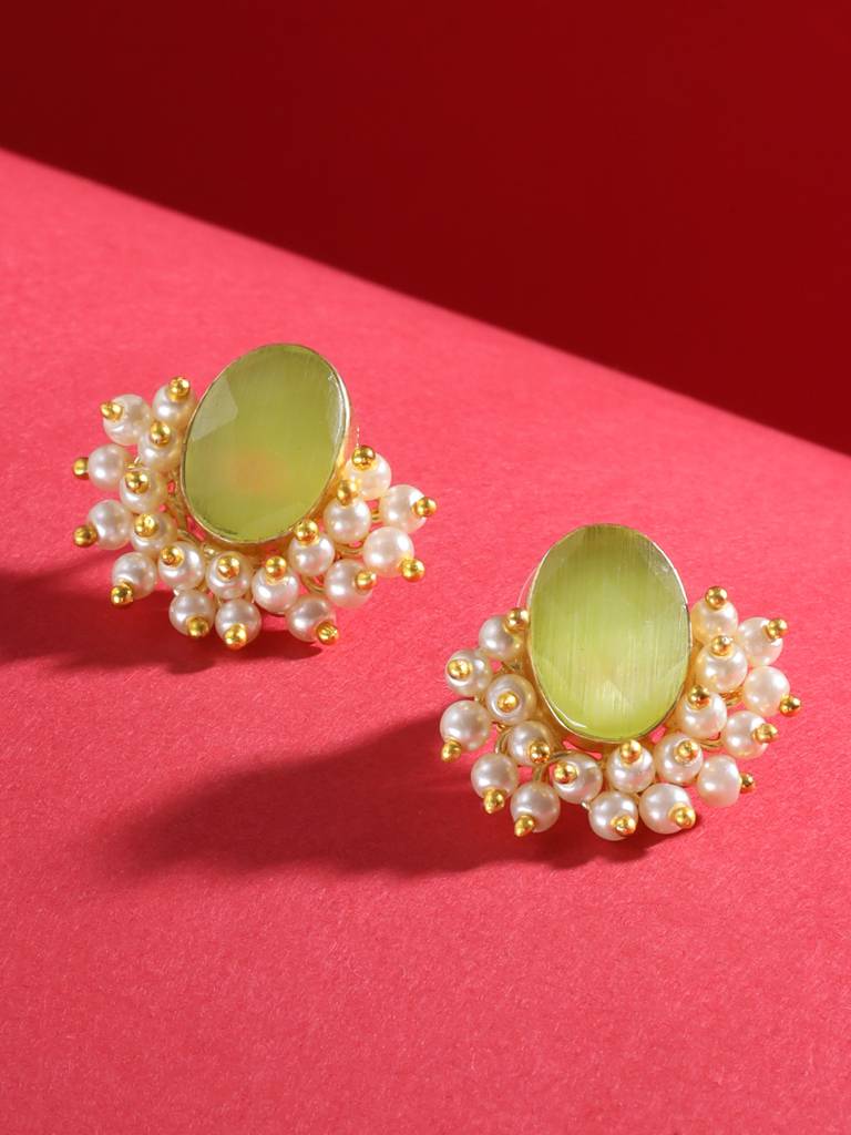 Gold Plated Green Stone & Pearl Beaded Earrings : SJER2054