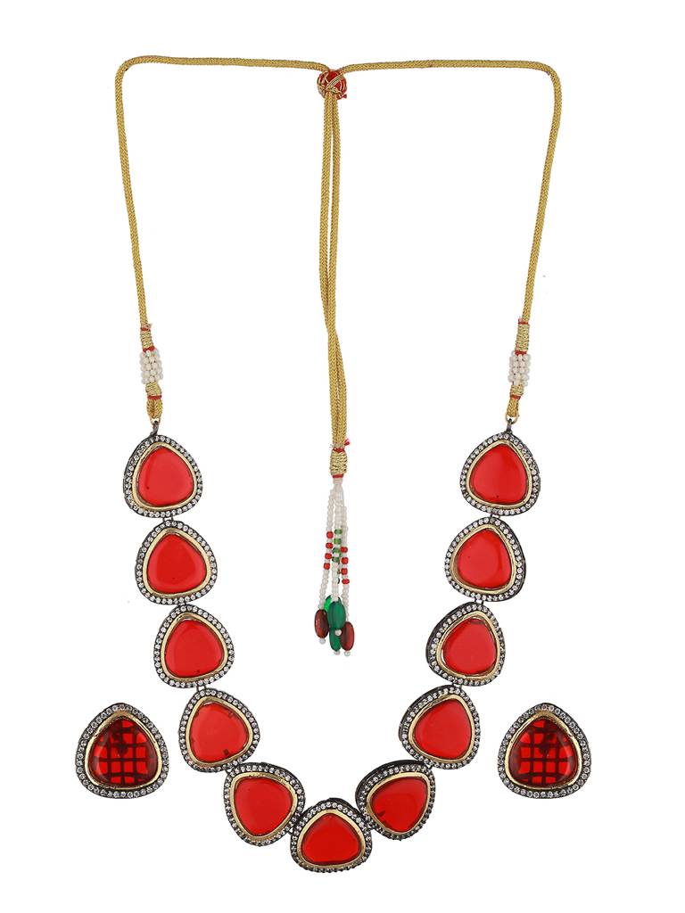 Cushion Cut Semi-Precious Stones & Pearl Beaded Choker Jewellery Set : SJNK2056