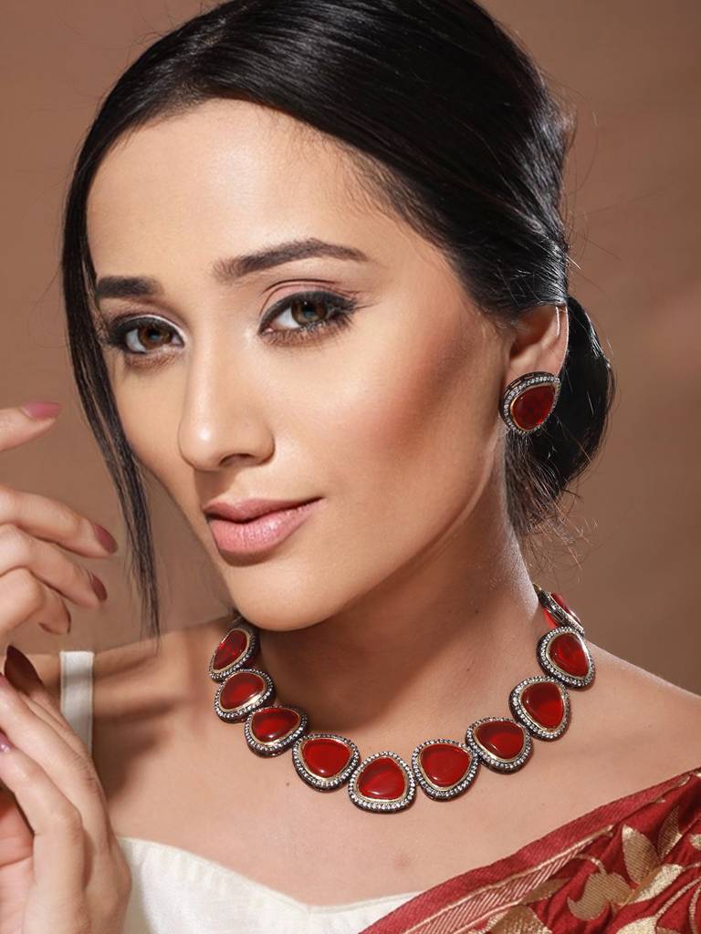 Cushion Cut Semi-Precious Stones & Pearl Beaded Choker Jewellery Set : SJNK2056