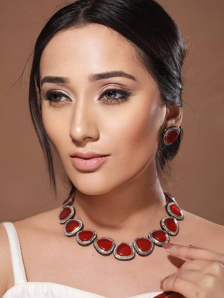 Cushion Cut Semi-Precious Stones & Pearl Beaded Choker Jewellery Set : SJNK2056