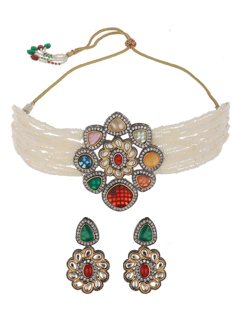 Gold-Plated Multicolored & Pearl Beaded Polki Choker Jewellery Set : SJNK2057
