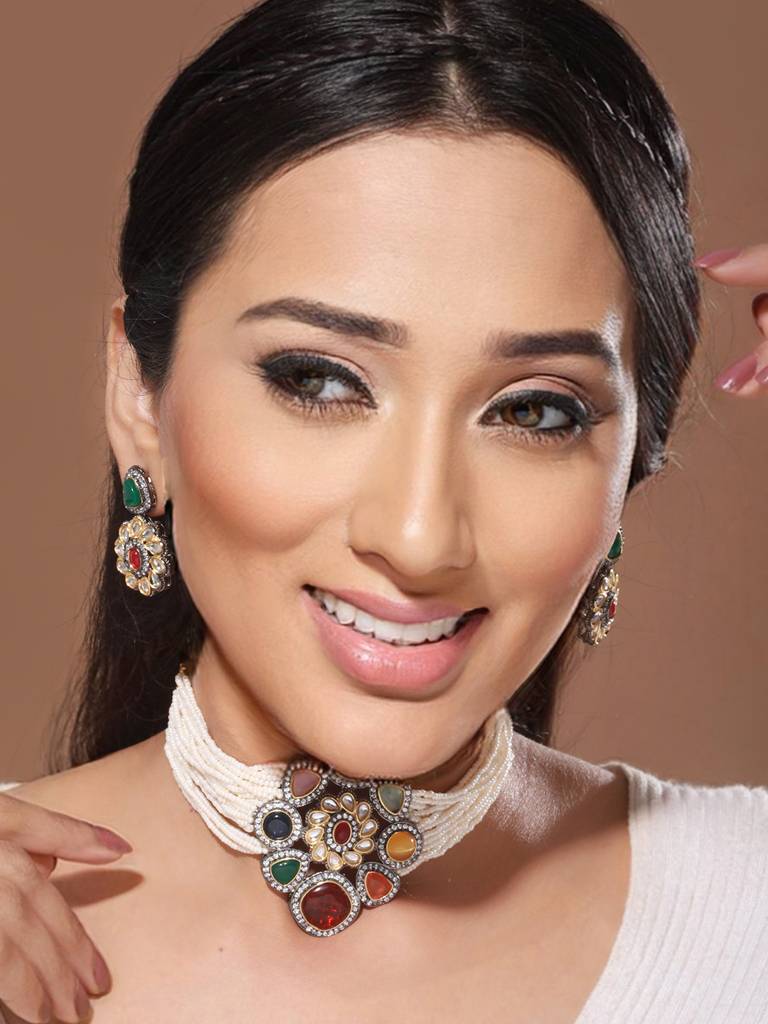 Gold-Plated Multicolored & Pearl Beaded Polki Choker Jewellery Set : SJNK2057