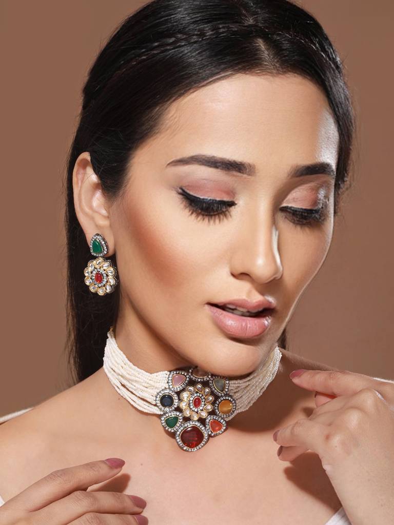 Gold-Plated Multicolored & Pearl Beaded Polki Choker Jewellery Set : SJNK2057