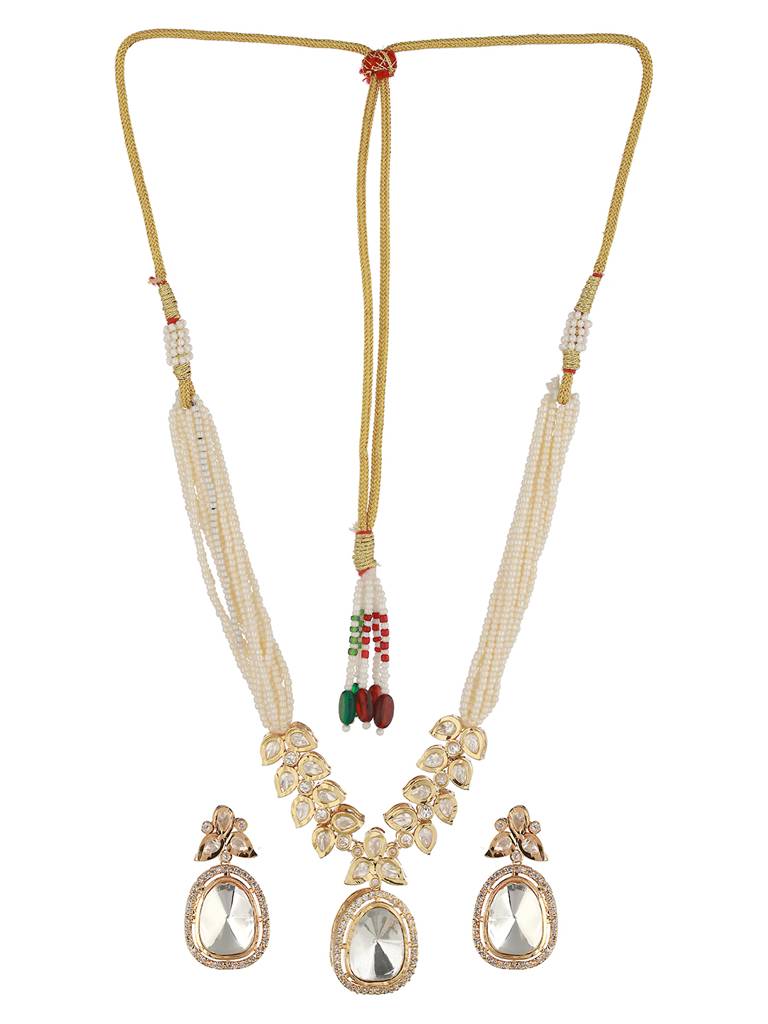 Gold-Plated White Uncut Polki & Pearl Beaded Choker Jewellery Set : SJNK2058