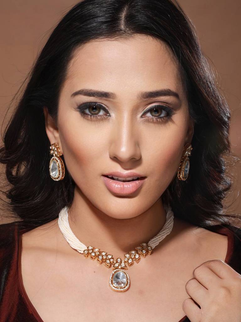Gold-Plated White Uncut Polki & Pearl Beaded Choker Jewellery Set : SJNK2058