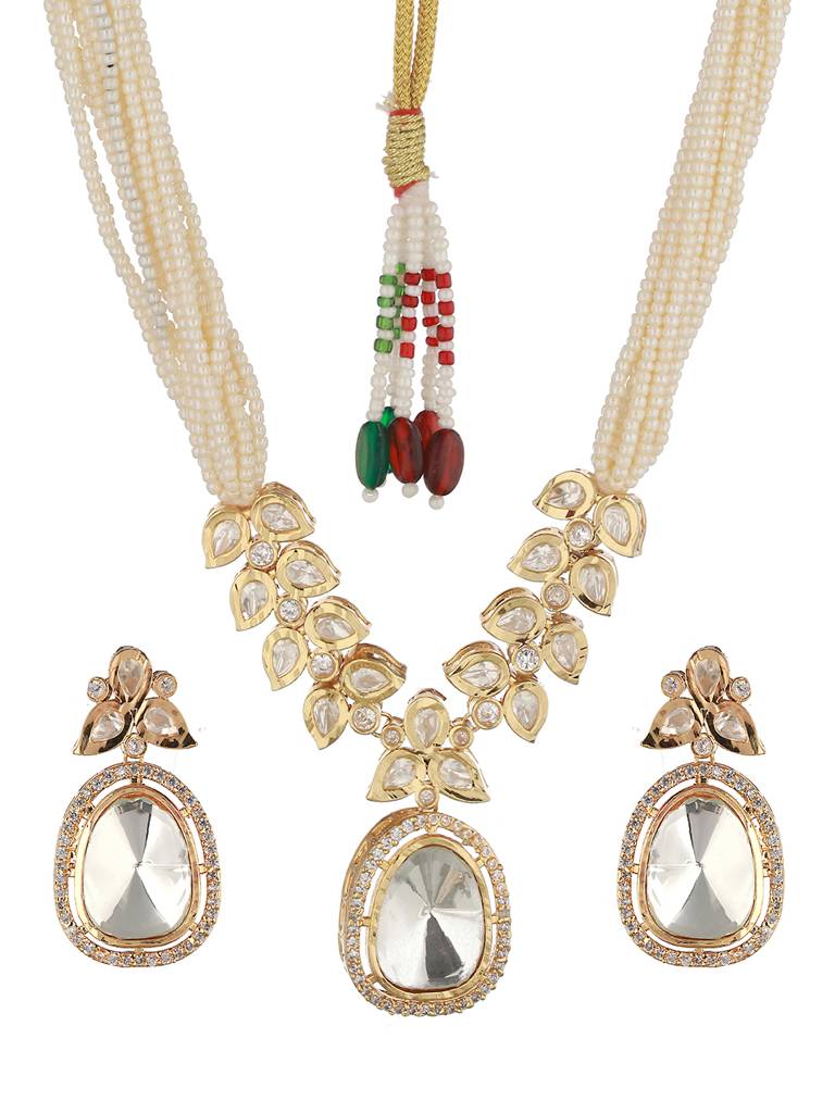 Gold-Plated White Uncut Polki & Pearl Beaded Choker Jewellery Set : SJNK2058