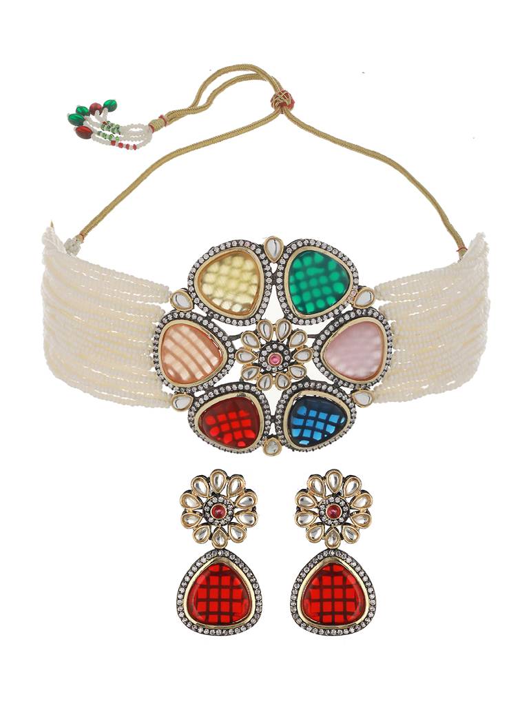 Gold-Plated Multi Stone Pearl Beaded Floral Choker Jewellery Set : SJNK2059