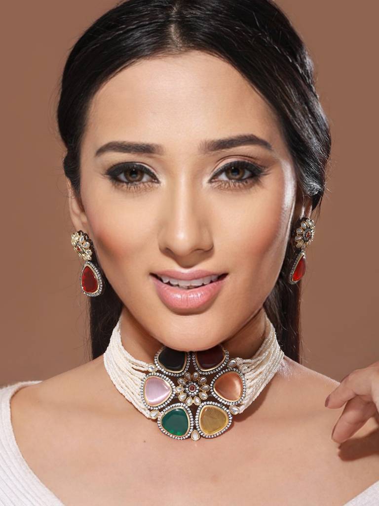 Gold-Plated Multi Stone Pearl Beaded Floral Choker Jewellery Set : SJNK2059