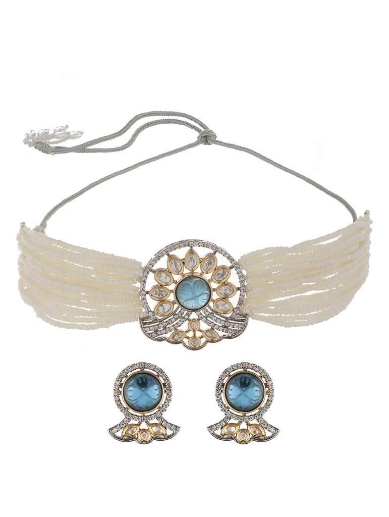 Gold-Plated Blue Uncut Polki Pearl Beaded Choker Jewellery Set : SJNK2060