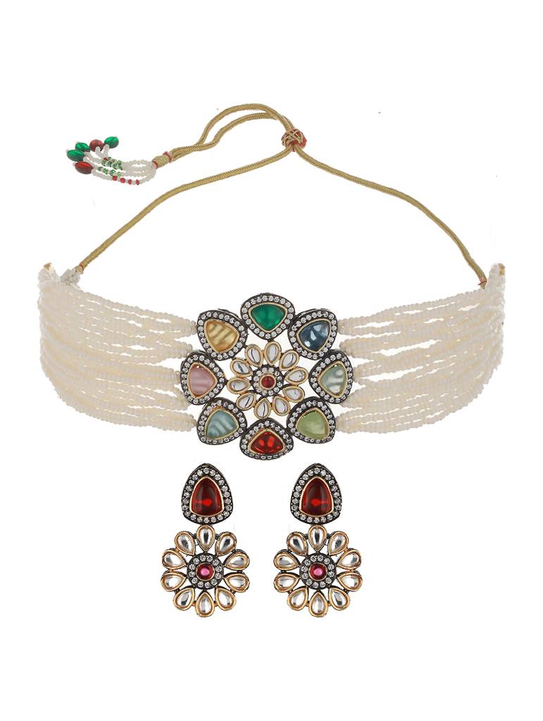 Gold-Plated & Multi Stone Pearl Beaded Choker Jewellery Set : SJNK2062