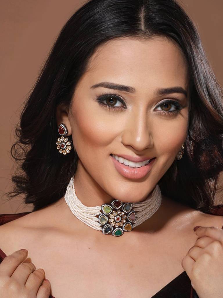 Gold-Plated & Multi Stone Pearl Beaded Choker Jewellery Set : SJNK2062