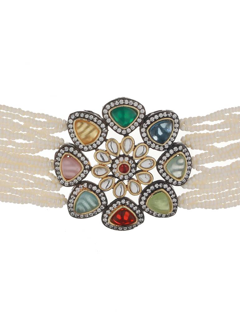 Gold-Plated & Multi Stone Pearl Beaded Choker Jewellery Set : SJNK2062