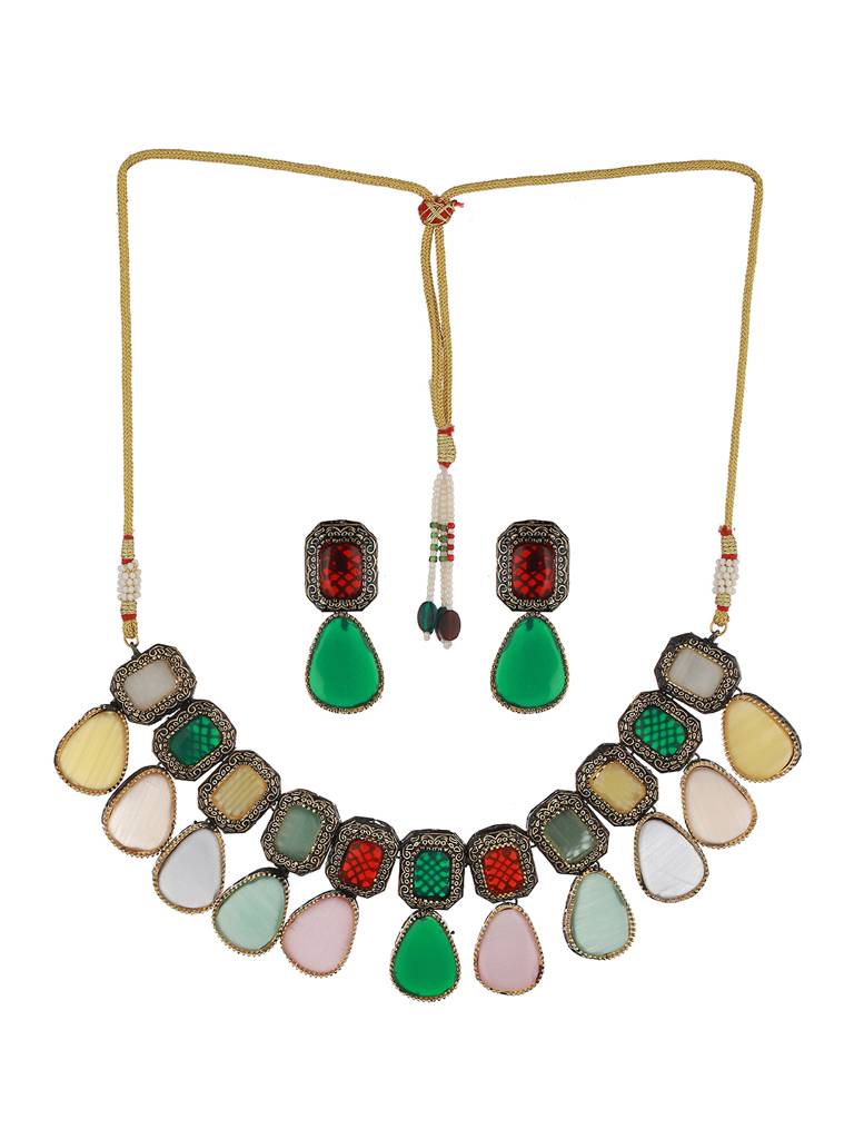 Gold-Plated Multi Polki Kundan Studded Pearl-Beaded Jewellery Set : SJNK2064