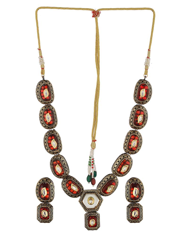 Gold Toned Red Kundan-Studded & Beaded Jewellery Set : SJNK2066