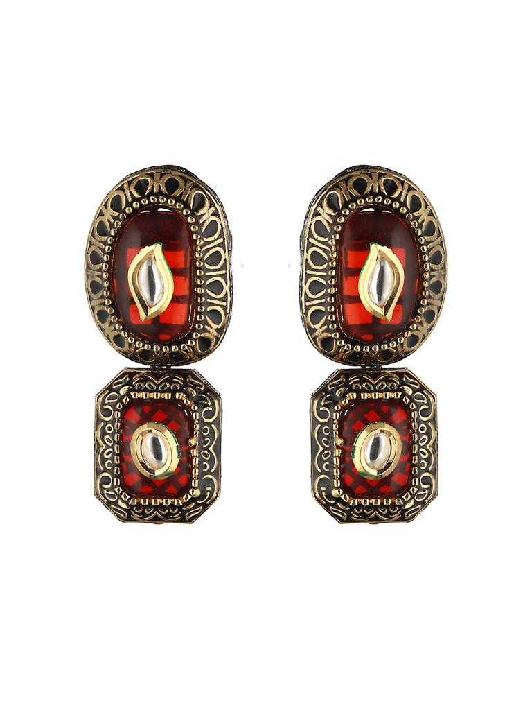 Gold Toned Red Kundan-Studded & Beaded Jewellery Set : SJNK2066