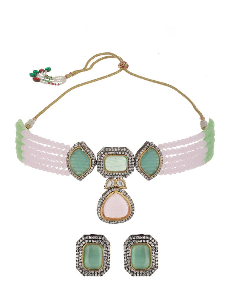 Exquisite Multi Moissanite Pearl Beaded Choker  Set : SJNK2067