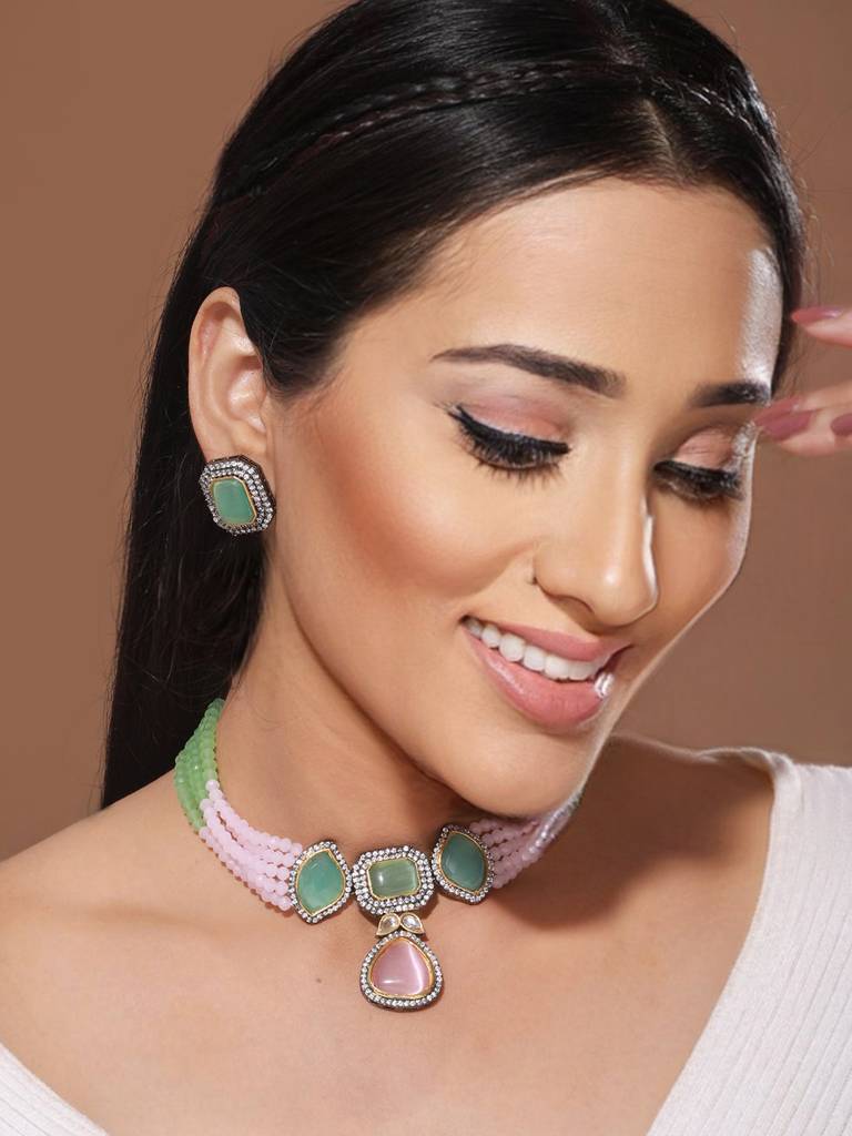 Exquisite Multi Moissanite Pearl Beaded Choker  Set : SJNK2067
