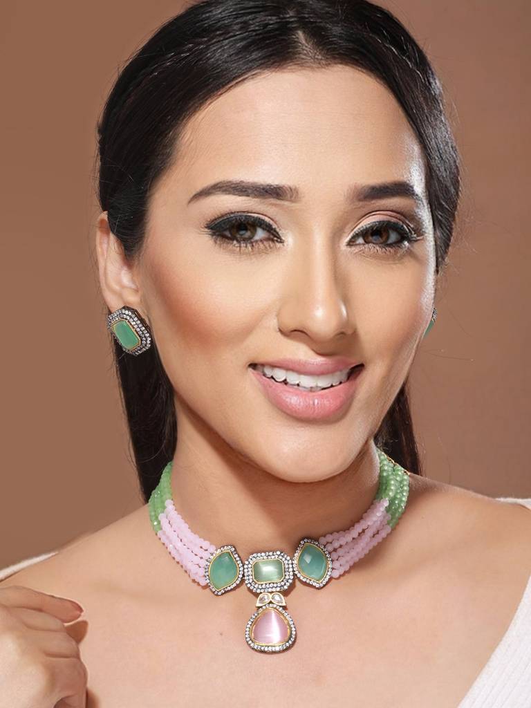 Exquisite Multi Moissanite Pearl Beaded Choker  Set : SJNK2067