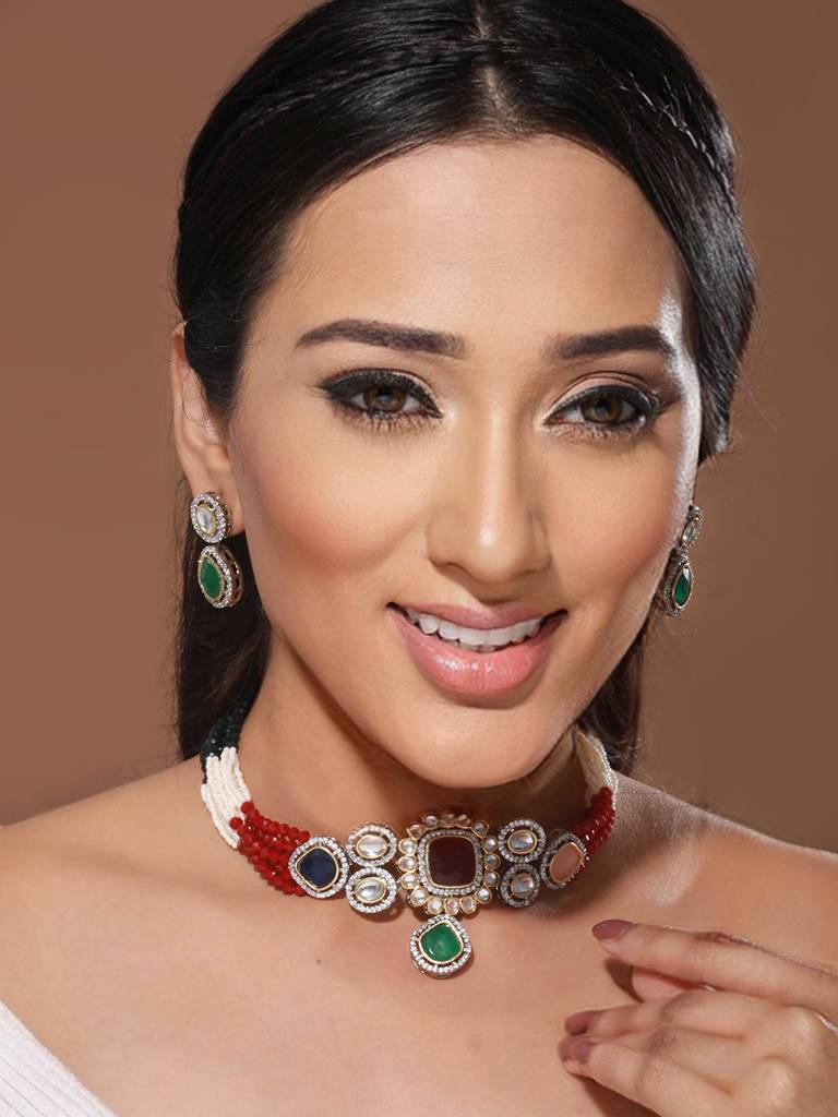 Multi Colored Victorian Dual Tone  Stone Studded Jewellery Set : SJNK2068