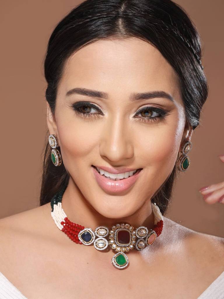 Multi Colored Victorian Dual Tone  Stone Studded Jewellery Set : SJNK2068