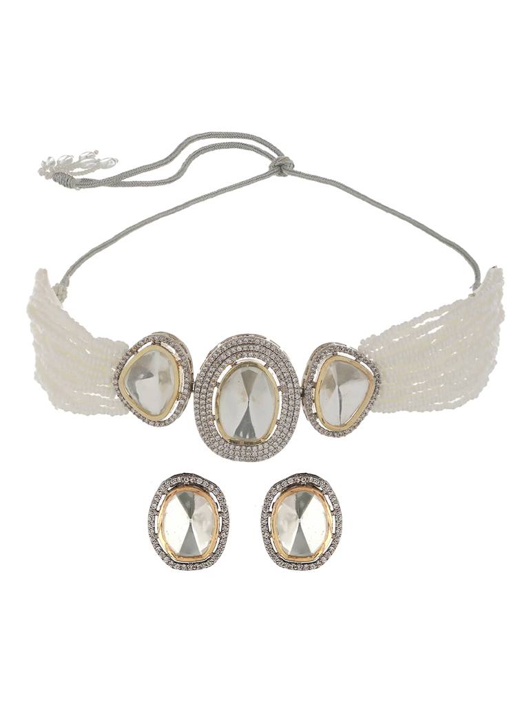 Gold Toned  White Moissanite Ad Studded Pearl Beaded Statement  Choker Jewellery Set : SJNK2069