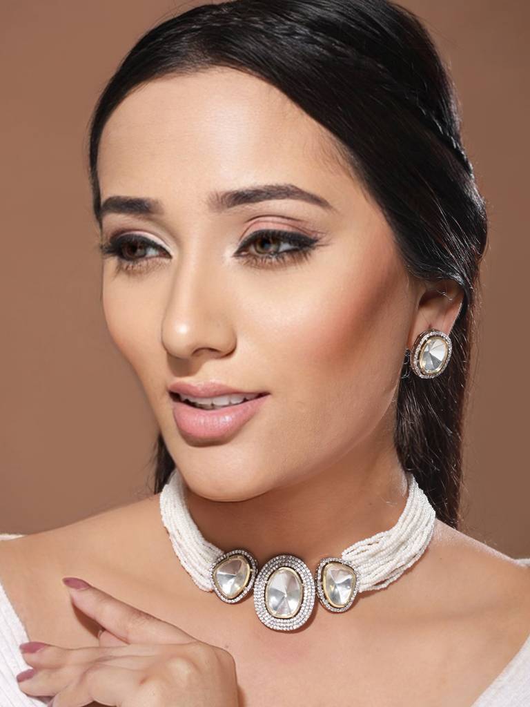 Gold Toned  White Moissanite Ad Studded Pearl Beaded Statement  Choker Jewellery Set : SJNK2069