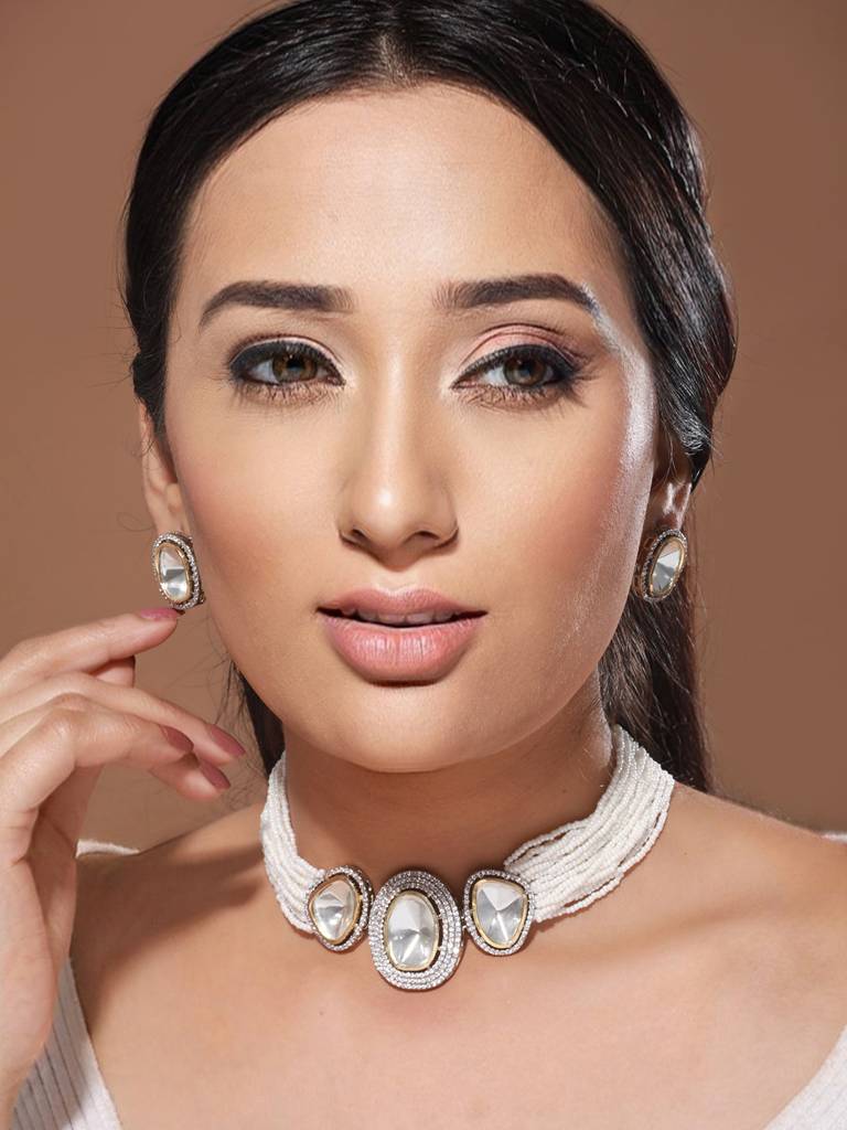 Gold Toned  White Moissanite Ad Studded Pearl Beaded Statement  Choker Jewellery Set : SJNK2069