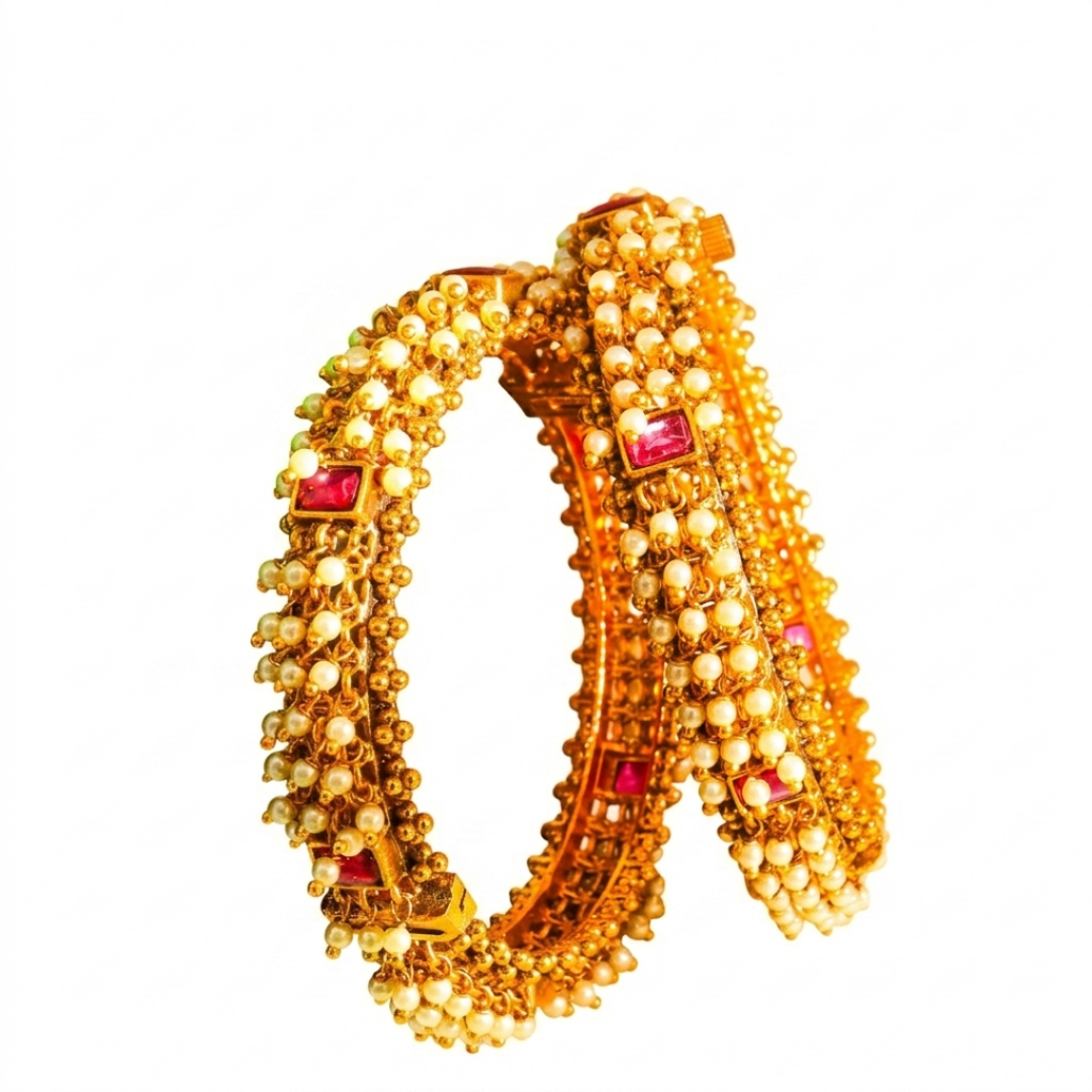 Pearl Ruby Guttapusalu Temple Paired Bangle Set | 1 Gram Gold-Plated : V-2479